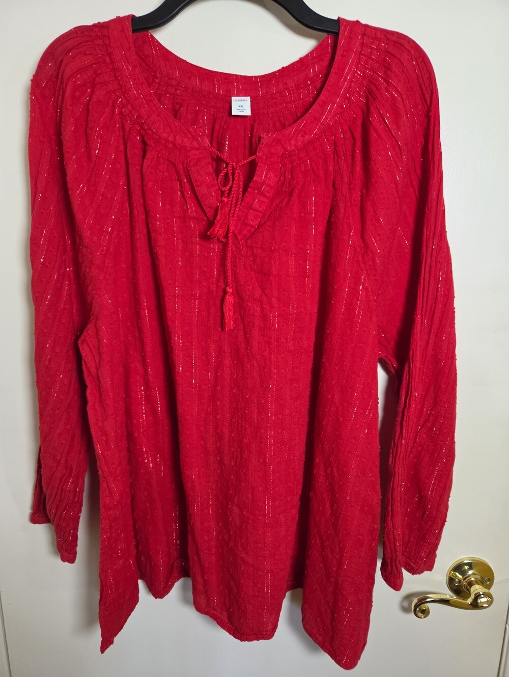 Old Navy Tunic Blouse XXL Red Gold Metallic Thread Peasant Holiday Party